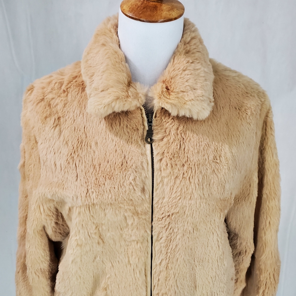 Cynthia Cynthia Steffe Tan 100% Rabbit Fur Leather Y2K Bomber Jacket Soft Size S - Picture 6 of 15